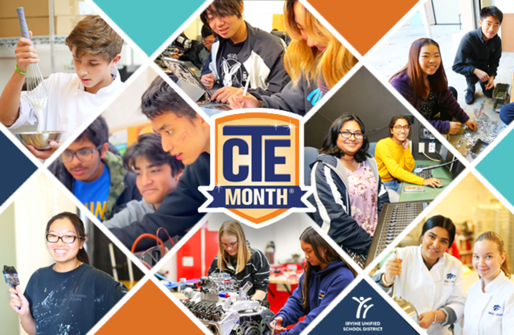 CTE Month logo with photos of CTE students